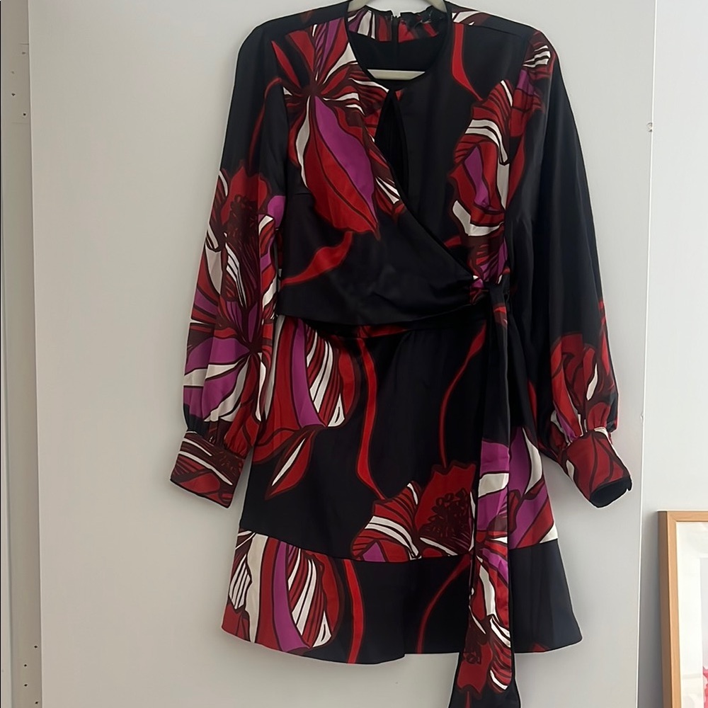 Karen Millen Red and Pink Long Sleeve A-line Dress
